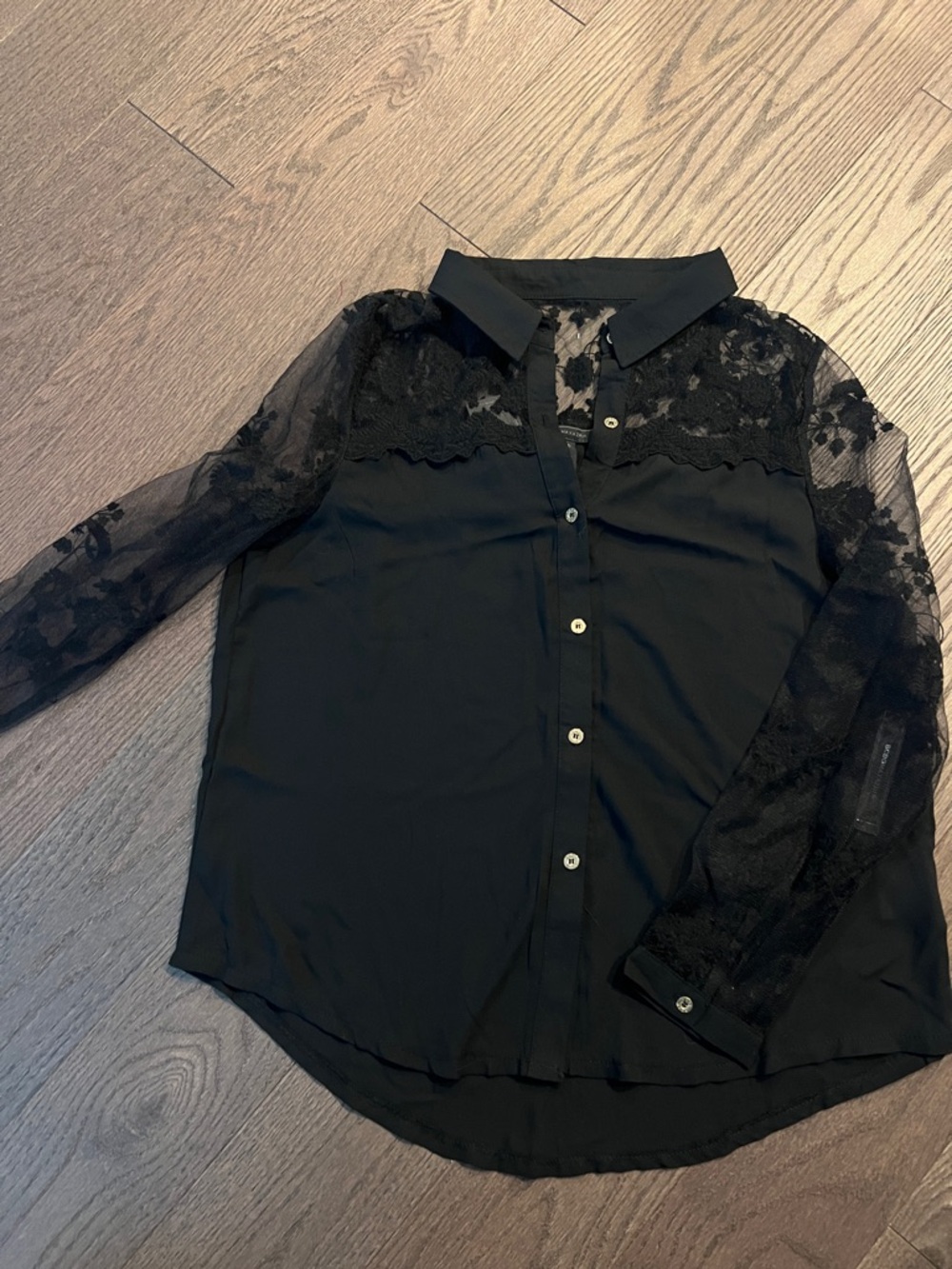 BCBGMaxAzria Black Lace-Trim Button Shirt